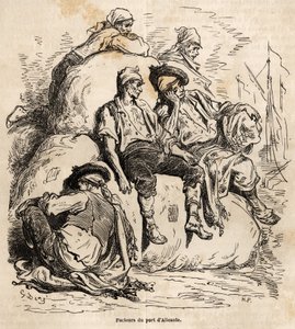 Zdřímnutí lodí přístavu Alicante, náčrt vytvořený na živém Gustave Dore (1832-1883), aby ilustroval jeho cestu do Španělska v roce 1862 s Ch. Davillier. Rytina v „“Le tour du monde““, editoval Edouard Charton od Gustave Dore