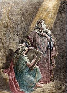 Prorok Jeremie diktující svá proroctví Baruchovi - Kolorisejská rytina od Pannemackera, z Bible Gustava Dorea (1832-1883) - Jeremiáš (650-585 př.nl), hebrejský prorok. Jeremiáš diktuje svá proroctví Báruchovi. Rytina od Pannemaker, The Bibl od Gustave Dore