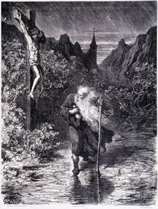 Potulný Žid procházející poblíž Kalvárie - v „Legendě o potulném Židovi“ od Gustava Doré, knihkupectví malebného obchodu od Gustave Dore