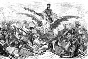 Spisovatel Cervantes jede na okřídleném koni (Pegase) se svou knihou "Don Quijote" a pérem v ruce a přelétá nad ostatními spisovateli, kteří nesou (těžce!) své knihy. Rytina od Gustava Doreho ilustrující vydání knihy "L
