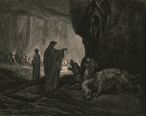 Pak můj průvodce, jeho dlaně roztažené na zemi, c1890. od Gustave Dore