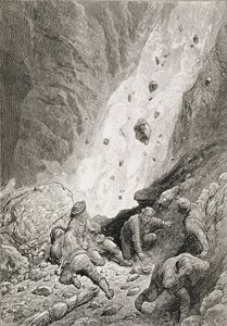 „Viděli masy skal, balvanů a kamenů, šíp za roh“ z „Výstupu na Matterhorn“ od Edwarda Whympera (1840–1911), vydaného v 60.–80. od Gustave Dore