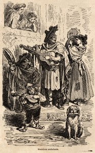 Cestující hudebníci ve Valencii, kresba Gustava Dorea (1832-1883), pro ilustraci jeho cesty do Španělska s C.Davillierem v roce 1862. Rytina v „“Le tour du monde“, editoval Edouard Charton od Gustave Dore
