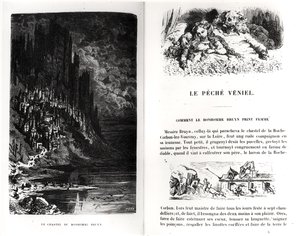 Dvě ilustrované stránky z „Les Contes Drolatiques“ od Honore de Balzac (1799-1850) vyryté Heliodorem Josephem Pisanem (1822-90) od Gustave Dore