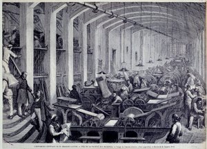 Pohled na galerii tiskařských strojů od Charlese Lahure Rytina od Gustava Dore (1832-1883) z „”L