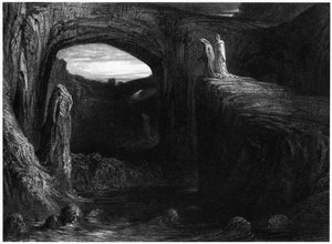 Vergilius (70-19 př. n. l.) a Dante vstupují do pekla, ilustrace z "Božské komedie" (Inferno) od Dante Alighieriho (1265-1321) Paříž, vydáno 1885 od Gustave Dore