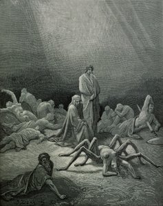 Vergilius (70-19 př. n. l.) a Dante při pohledu na pavoučí ženu, ilustrace z "Božské komedie" (Inferno) od Dante Alighieriho (1265-1321) Paříž, vydáno 1885 od Gustave Dore
