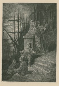 Vodníkova rodina na schodech u řeky Temže od Gustave Dore
