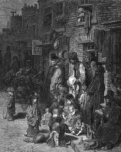 "Wentworth Street, Whitechapel", chudá židovská čtvrť města: Od Gustava Doreho a Blancharda Jerrolda Londýn: A Pilgrimage London 1872. Dřevoryt od Gustave Dore
