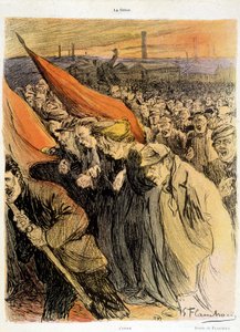 Zakřivený dav s červenými vlajkami, „“La Grève““ od Flaschoëna, deb. 20. s. od Gustave Flasschoen