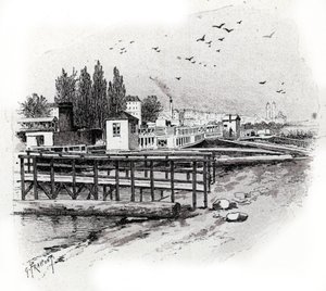 Opravárenské dílny vodních autobusů na řece Seině v Paříži Kresba Gustava Fraiponta (1849-1923) čerpá z „La seine a travers Paris“ od Saint-Judges