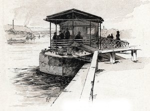 Embarcadere des Bateaux-mouches (Bateaux-mouches) sur la Seine, Paříž (Pohled na molo turistických lodí na řece Seině, Paříž) Kresba Gustava Fraiponta (1849-1923) čerpá ze Saint-Juirsova „“ La seine a travers Paris “ od Gustave Fraipont