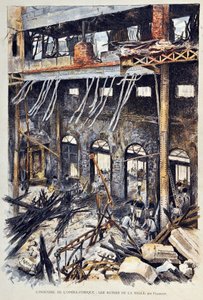 Požár opery Comique (Opera-Comique) v Paříži dne 25. května 1887 během představení prvního dějství Ambroise Thomase „Mignon“. Vnitřní ruiny. Ilustrace Gustave Fraipont (1849 -1923) Rytina z roku 1887 v týdeníku Paris-Illustrous. od Gustave Fraipont