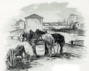 Horses de haulage, quai de la Gironde, Villette (Koně používané pro tažení lodí kanálu saint-denis, quai de la gironde, Villette Paris) Kresba Gustava Fraiponta (1849-1923) ze Saint-Juirs od Gustave Fraipont