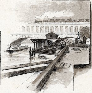 Viaduct du Point du jour, Boulogne-Billancourt (pohled na Viaduct Bridge of Day District, Boulogne Billancourt) kresba Gustave Fraipont (1849-1923) od Saint-Juirs od Gustave Fraipont