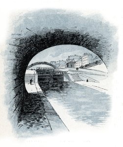 Les ecluses du canal Saint Martin, Paris (Pohled na zdymadla kanálu Saint-Martin, Paříž) Kresba Gustava Fraiponta (1849-1923) čerpá z „La seine a travers Paris“ od Saint-Juirse od Gustave Fraipont