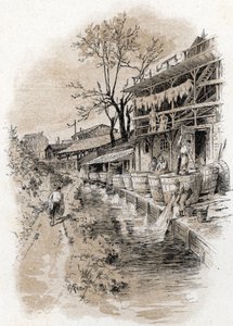 Megisseries v rue du pot-au-lait ve čtvrti Pete Gentilly na břehu Bievre v Paříži (Výhled na řeku Bievre a stánky na tahání kůže (tawering) ve čtvrti Pete Gentilly, Paříž) Kresba Gustava Fraiponta ( 1849 -1923) ze Sainu od Gustave Fraipont