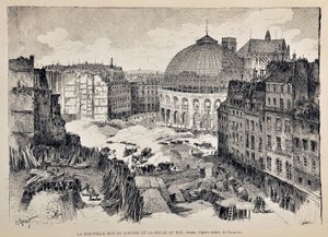 Nová Rue du Louvre a Halle au Ble v Paříži v roce 1887. ilustrace Gustave Fraipont (1849 - 1923). Rytina z roku 1887 v týdeníku „Pařížský Illustrous“. od Gustave Fraipont