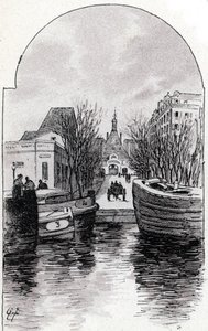 Pohled na nemocnici Saint-Louis v Paříži z kanálu Saint-Martin, Paříž Kresba Gustava Fraiponta (1849-1923) ze Saint-Juirsova „“La seine a travers Paris”” od Gustave Fraipont