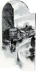 Pohled na brocanteurs na rohu rue de la bucherie v Paříži (Obchody z druhé ruky v rue de la Bucherie, Paříž) Kresba Gustava Fraiponta (1849-1923) čerpá z „La seine a travers Paris“ od Saint- Juirs od Gustave Fraipont