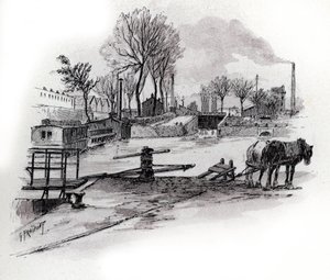 Pohled na kanál Saint-Denis a quai de la Gironde a la Villette, Paříž (Pohled na canal Saint Denis a quai de la Gironde ve čtvrti Villette, Paříž) Kresba Gustava Fraiponta (1849-1923) ze Saint-Juirs