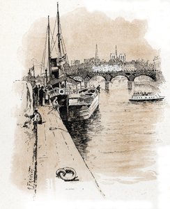 Pohled na společnost Seine et Thames, jejíž lodě spojují Paříž a londýnskou kresbu Gustave Fraipont (1849-1923) čerpá z „La Seine A Travers Paris“ od Saint-Juirs od Gustave Fraipont