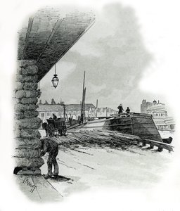 Pohled na hangáry přístavu La Villette v Paříži (loděnice a kůlna přístavu La Villette, Paříž) Kresba Gustava Fraiponta (1849-1923) čerpá z „La seine a travers Paris“ od Saint-Juirse od Gustave Fraipont