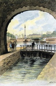 Pohled na zámek kanálu Saint Martin v Paříži kresba Gustave Fraipont (1849-1923) z „La Seine A Travers Paris“ od Saint-Juirs od Gustave Fraipont