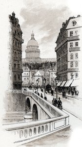Pohled na rue de Bellay a kopuli Pantheonu, Paříž (Pohled na rue du Bellay a kopuli Pantheonu, 5. obvod, Paříž) Kresba Gustava Fraiponta (1849-1923) ze Saint-Juirs od Gustave Fraipont