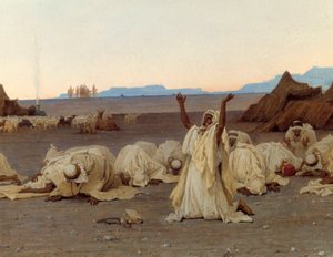 Večerní modlitba v saharské poušti Detail tábora Tuaregů. Obraz Gustava Achille Guillaumet (1840-1887) 1863 Sun. 1,3x2,8m. Paříž, Musee d