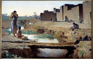 Orientalismus: “” La Seguia u Biskry””” Žena a dítě nabírající vodu u řeky v oáze v alžírské poušti. Obraz Gustava Achille Guillaumeta (1840-1887) 1884 Sun. 1x1,5 m Paříž, musee d