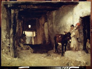 Orientalismus: ""Dům na Sahaře"" (Dům na Sahaře) Žena a její dítě v doprovodu osla. Obraz Gustava Guillaumeta (1840-1887) kolem roku 1880 Puškinovo muzeum, Moskva