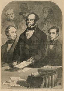 Lord Palmerston pokládá kopii mírové smlouvy na stůl Dolní sněmovny od Gustave Janet