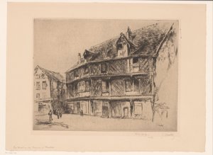 Ulice s domy a chodci v Chartres La maison du saumon (Chartres) (název na objektu) od Gustave Leheutre (signed by artist)