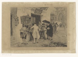 Muži se shromáždili kolem výkladní skříně knihkupců Les Bibliophiles (název na objektu) od Gustave Marie Greux