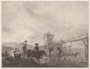 Odpočinek a plavání postavy na břehu Die pferdetränke (název na objektu) od Gustave Marie Greux