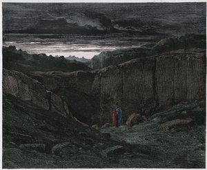 Inferno, Canto 3: Virgil and Dante at the gates of Hell, ilustrace z Božské komedie od Dante Alighieriho, 1885 (digitálně kolorovaná rytina) od Gustave after Dore
