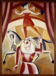 Circus III Akrobat Ecuyere v rovnováze na koni a klaun na cirkusové dráze předvádějící show. Obraz Gustava de Smet (1877-1943) 1926 Sun. 1,3x1,1 m Grenoble, Musee des Beaux Arts Pozor! Použití tohoto díla může podléhat povolení třetí strany