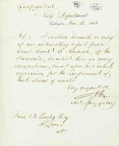 Dopis podepsaný G.V. Fox, ministerstvo námořnictva, Washington, Jasovi. B. Eads [James B. Eads], St. Louis, MO, 2. listopadu 1863 od Gustavus Vasa Fox