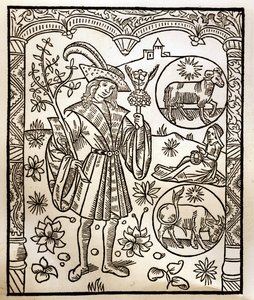 Pastýřský kalendář - Práce měsíců - Duben - Dřevoryt z knihy z roku 1496 vytištěné Guy Marchantem (Guido Mercator) v Troyes - Dřevoryt v „Le grand Calendrier et compost des shepherds“ -