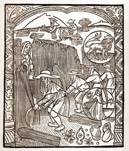 Pastýřský kalendář - Práce měsíců - Srpen - Dřevoryt z knihy z roku 1496 vytištěné Guy Marchantem (Guido Mercator) v Troyes - Dřevoryt v „Le grand Calendrier et compost des shepherds“ -