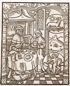 Pastýřský kalendář - Práce měsíců - Leden - Dřevoryt z knihy z roku 1496 vytištěné Guy Marchantem (Guido Mercator) v Troyes - Dřevoryt v „Le grand Calendrier et compost des shepherds“ -
