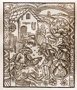 Pastýřský kalendář - Práce měsíců - Červen - Dřevoryt z knihy z roku 1496 vytištěné Guy Marchantem (Guido Mercator) v Troyes - Dřevoryt v „Le grand Calendrier et compost des shepherds“ -