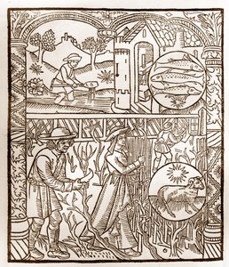 Pastýřský kalendář - Práce měsíců - Březen - Dřevoryt z knihy z roku 1496 vytištěné Guy Marchantem (Guido Mercator) v Troyes - Dřevoryt v „Le grand Calendrier et compost des shepherds“ - od Guy Marchant