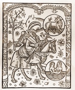 Pastýřský kalendář - Práce měsíců - Květen - Dřevoryt z knihy z roku 1496 vytištěné Guyem Marchantem (Guido Mercator) v Troyes - Dřevoryt v „Le grand Calendrier et compost des shepherds“ -