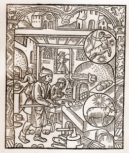 Pastýřský kalendář - Práce měsíců - Listopad - Dřevoryt z knihy z roku 1496 vytištěné Guyem Marchantem (Guido Mercator) v Troyes - Dřevoryt v „“ Le grand Calendrier et compost des Shepherds““ - Pec na chleba -