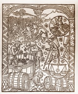 Pastýřský kalendář - Práce měsíců - Říjen - Dřevoryt z knihy z roku 1496 vytištěné Guyem Marchantem (Guido Mercator) v Troyes - Dřevoryt v „“Le grand Calendrier et compost des shepherds““ – Sklizeň – a znamení zvěrokruh:
