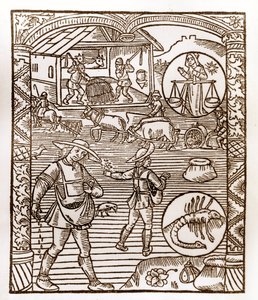 Pastýřský kalendář - Práce měsíců - Září - Dřevoryt z knihy z roku 1496 vytištěné Guy Marchantem (Guido Mercator) v Troyes - Au premier plan, des peassans sement a la volee - Dřevoryt v „Le grand Calendrier et compost des shepherds“ - od Guy Marchant
