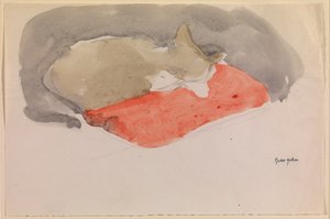 Kočka spící na červeném polštáři (kvaš a tužka na papíře) od Gwen John