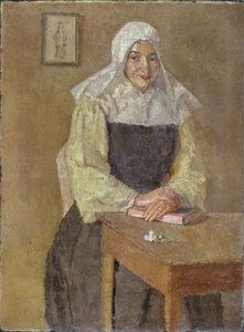 Mere Poussepin sedící u stolu (olej na plátně) od Gwen John